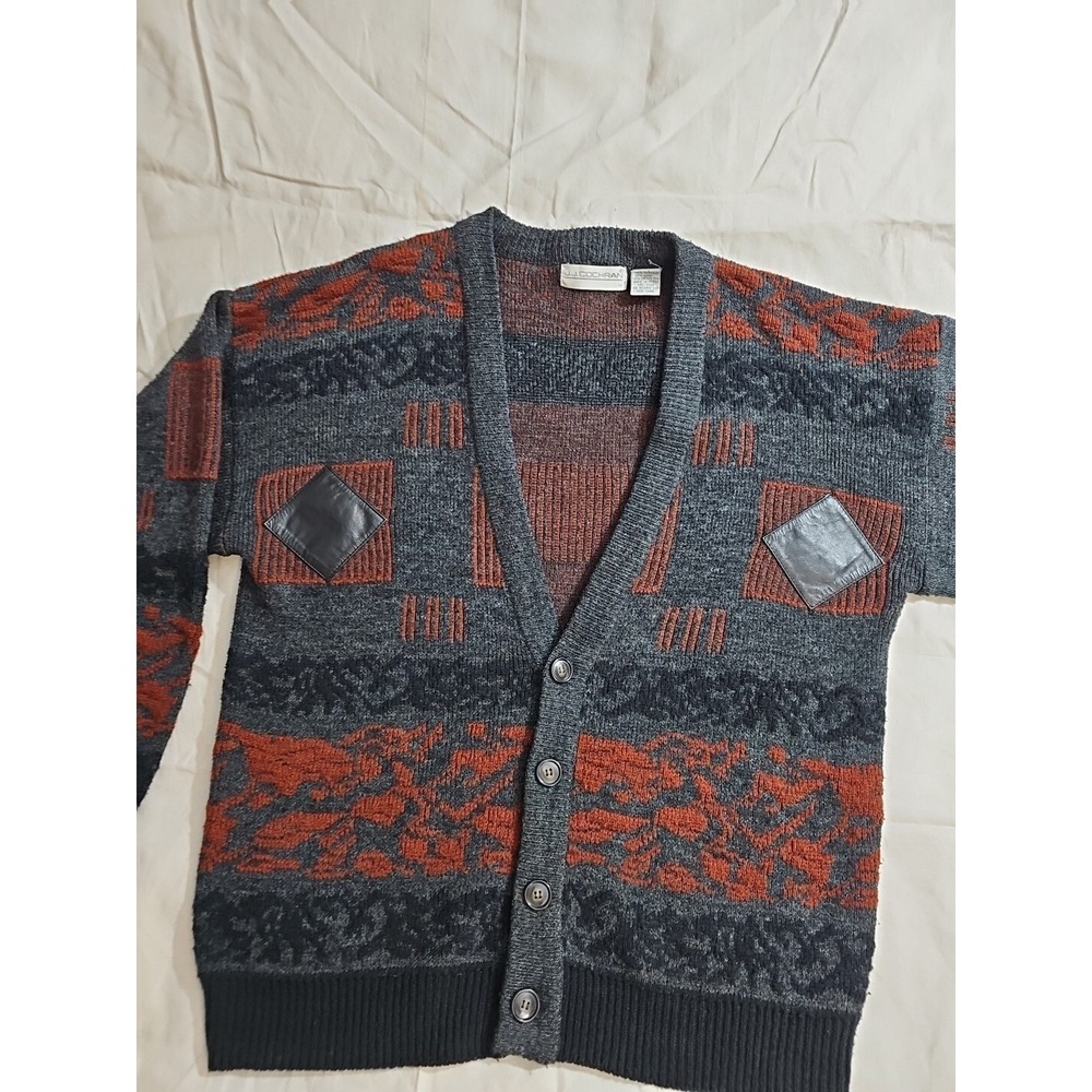 Vintage JJ Cochran Knit Cardigan‎ Sweater Leather W/ Leather Patches Men's M